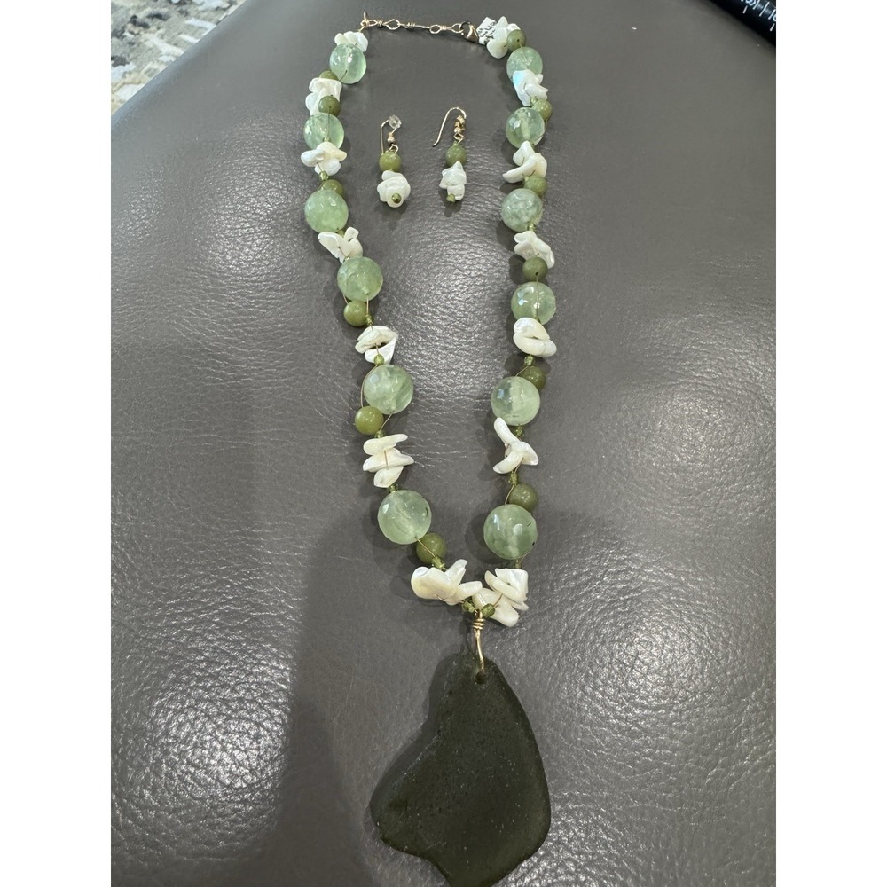 Gold Filled Green Quartz Mother Of Pearl Necklace W/ Matching Earrings